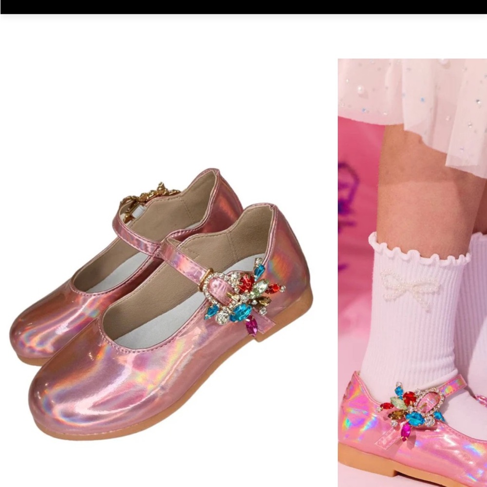 Pink Iridescent Mary Jane Shoes with Jewel Embellishment